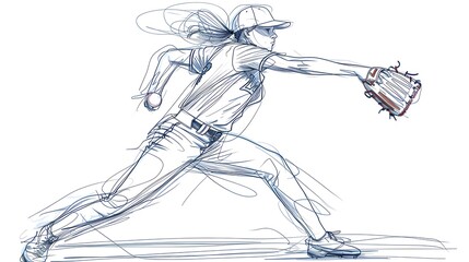 Softball Pitcher Winding Up in a Minimalist Single Line Drawing
