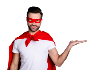 Portrait of his he nice-looking attractive content virile macho cheerful cheery bearded guy holding copy space on palm advert ad solution alternative option isolated over gray pastel background