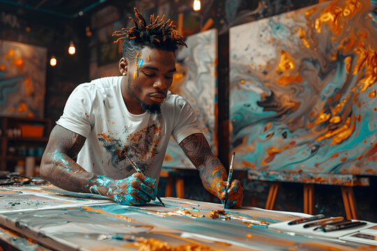 Young black artist painting a picture in his studio