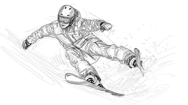 snowboarder in action, black and white sketch clip art preview