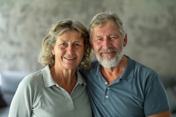 Portrait of a blissful caucasian couple in their 70s wearing a sporty polo shirt isolated in modern minimalist interior