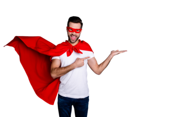 Portrait of his he nice-looking attractive content macho cheerful cheery ecstatic glad bearded guy holding on palm advert best solution choose choice isolated over gray pastel background