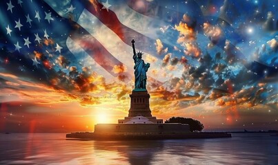 Statue of Liberty with an American flag background Sunset sky with stars and clouds in the style of an American landscape painter Generative AI