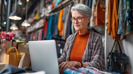 Obraz premium Mature female fashion seller using computer checking ecommerce clothing store orders. Older middle aged business woman entrepreneur working on laptop preparing online shipping delivery parcels boxes. 