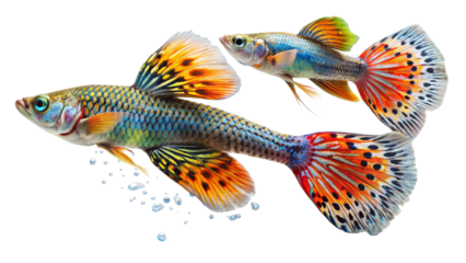 Capture the moving moment of guppy fish isolated on White background.