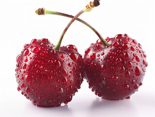 Two wet cherries on white