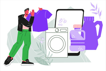 Man in a laundry or laundromat takes washed tidy clothes. Public commercial laundry or laundromat banner design.