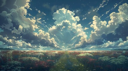 Stunning Panoramic Landscape with Vibrant Meadow and Dramatic Cloudy Sky