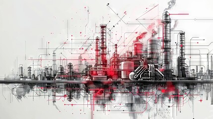 Industrial Complex Sketch With Red Smoke and Network Lines background