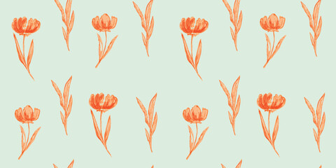 Vector Decorative Seamless flowers pattern on blue background. Orange flowers ornament. Floral watercolor print for textile, wrapping paper, fabric. Peonies ornament
