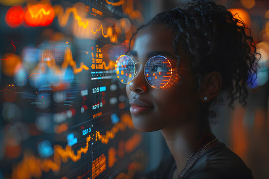 Young black female financier monitors stock market performance - Powered by Adobe