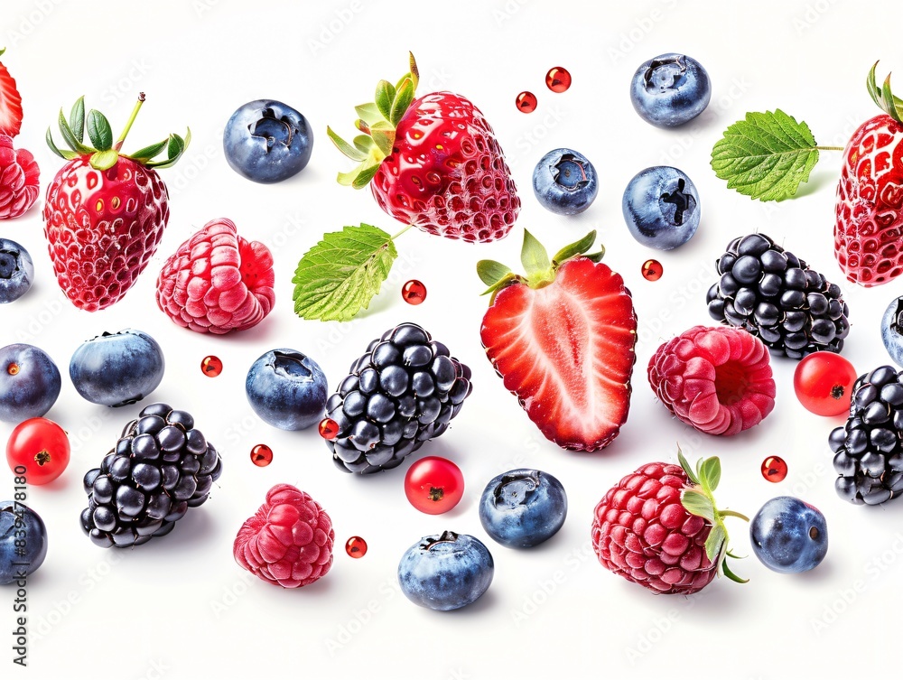Wall mural close-up group berries white surface - Wall murals