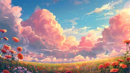 Stunning Sunset Over Vibrant Floral Meadow In Peaceful Countryside Landscape