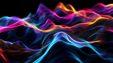 Fototapeta premium Explore futuristic digital waveforms with vibrant colors and intricate details on a black background, featuring neon glow and undulating patterns in high resolution.