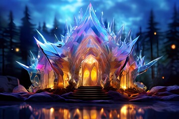 The crystal cottage glimmers with vibrant, enchanting, multicolored hues, magical.