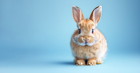 Obraz premium A cute little beige rabbit sits on a blue plain background. Banner with copy space. Caring for Pets