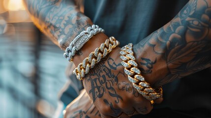 man wearing two cuban link bracelets, one in gold and the other silver with diamonds. open hand...