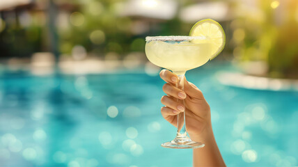 margarita cocktail in hands against the backdrop of the pool, summer vacation in tropical luxury hotels, delicious alcohol drink margarita glass