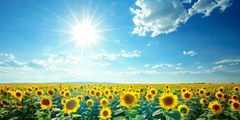 Obraz premium Immerse yourself in a vibrant scene with a wide-angle shot of a sunflower field under a clear blue sky. Golden blooms in midday light.