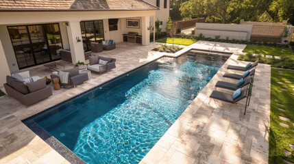 Modern private secluded villa with backyard swimming pool with patio and other outdoor furniture, aerial view.