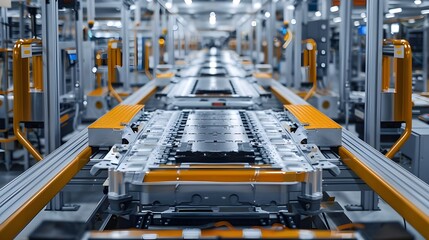 Mass production assembly line of electric car battery cells in a busy factor