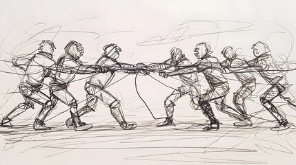 Tug-of-War Contest in Continuous Line Sketch Art Design