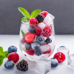 Sweet berries in a glass with ice cubes. Delicious nature organic food