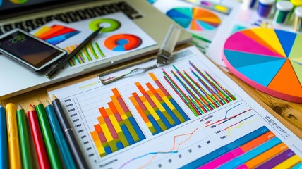 Colorful Business Data Charts and Graphs on Desk