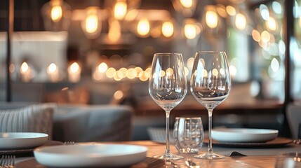 Blurred view of a chic dining room with a stylish table set and designer lighting