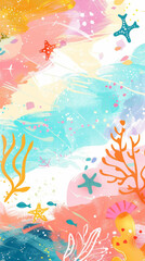 A colorful painting of a beach scene with fish, coral, and starfish. The mood of the painting is bright and cheerful, with a sense of wonder and excitement. The artist has used a variety of colors
