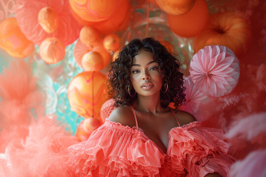 Plus-size African-American female model poses in a studio setting, surrounded by colorful props. She is wearing a pink ruffled top and has a confident and stylish expression