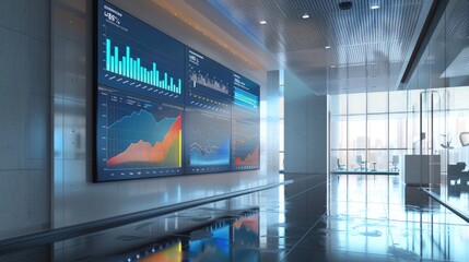 Business graph with dramatic peaks and troughs, shown on a large screen in a high-tech office, representing financial trends