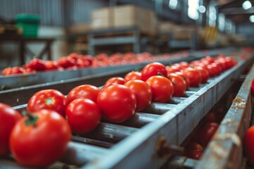 Ripe tomatoes in motion on a conveyor belt, fresh produce being sorted and transported