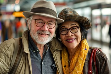 Portrait of a glad multicultural couple in their 60s donning a classic fedora on busy airport terminal