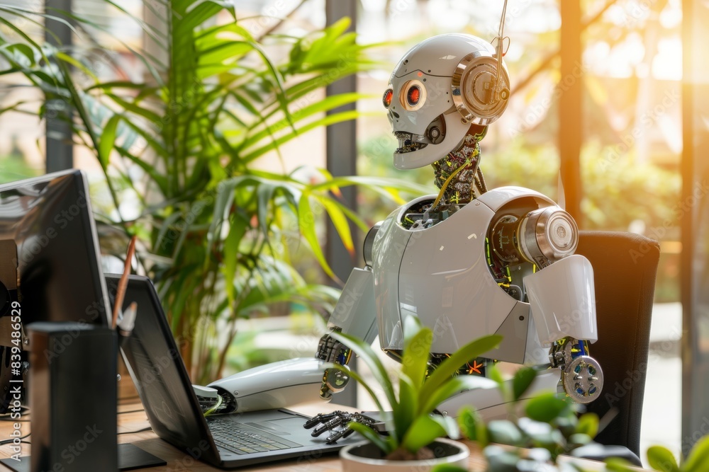 Poster cheerful customer service robot at computer in blurred office setting with copy space
