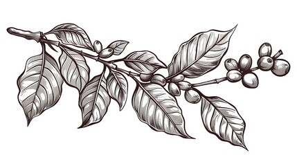 An elegant line art vector drawing of a coffee bean branch with leaves and beans in various stages of ripeness.