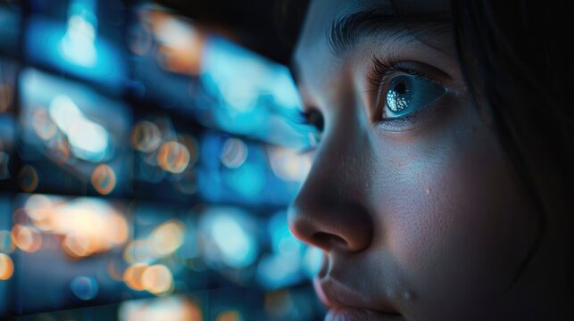 Close-up of a person's face lit by the glow of multiple monitors, their eyes fixed on one screen