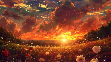 Vibrant Sunset Glow Over Idyllic Daisy Meadow In Serene Landscape