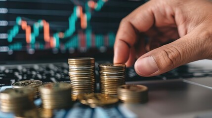Close-up of hands stacking coins with a laptop showing financial data, representing digital financial growth