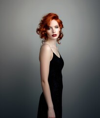 A woman with red hair wears black stylish clothes on a gray background. Fashion and beauty. Hairstyle and hair coloring.