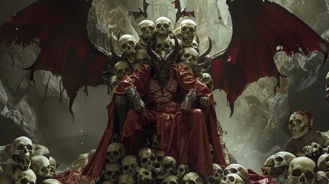 Demon lord sitting on throne of skulls in hell