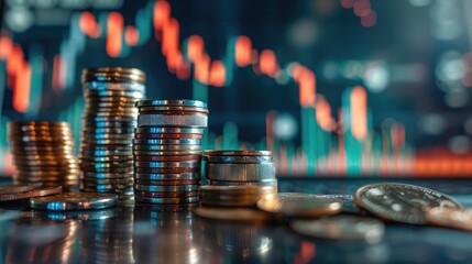 Coins stacked high with an upward trending stock market graph, representing investment growth and economic success