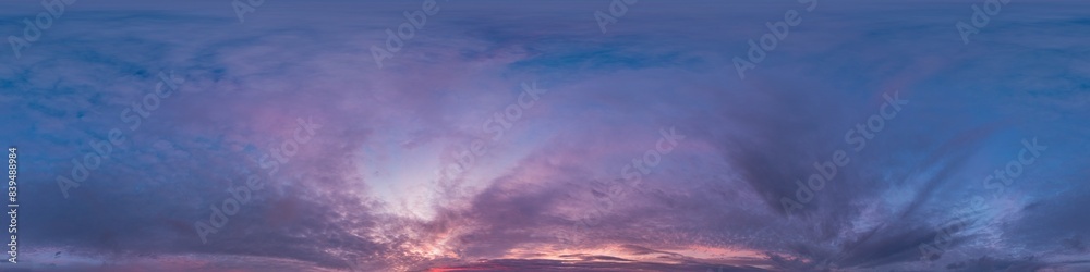 Wall mural sunset sky with bright glowing pink cumulus clouds. seamless spherical hdr 360 panorama. full zenith