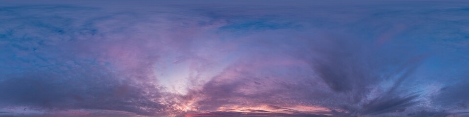 Sunset sky with bright glowing pink Cumulus clouds. Seamless spherical HDR 360 panorama. Full zenith or sky dome in 3D, sky replacement for aerial drone panoramas. Climate and weather change.