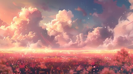 Obraz premium Vibrant Sunset Over Lush Floral Meadow in Idyllic Countryside Landscape