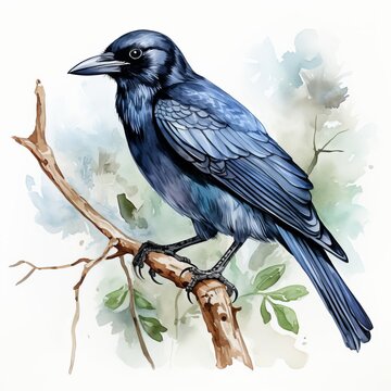 recommend clip art: Photo of Common Backyard Birds is Raven, Watercolor Clipart style , Isolated on white background