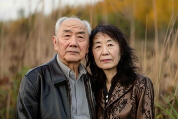 Fototapeta premium Portrait of a tender asian couple in their 60s sporting a stylish leather blazer while standing against quiet countryside landscape