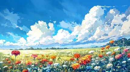 Vibrant Wildflower Meadow with Puffy Clouds in Blue Sky Scenic Rural Landscape
