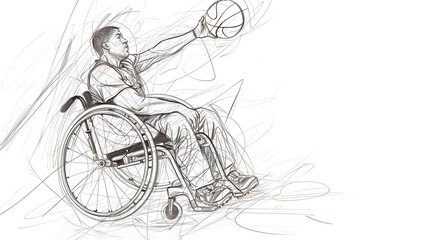 Obraz premium Wheelchair Basketball Player Shooting in Continuous Line Sketch