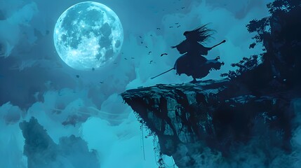 Witch Silhouette Riding Broomstick Under Glowing Full Moon in Mystical Forest Landscape